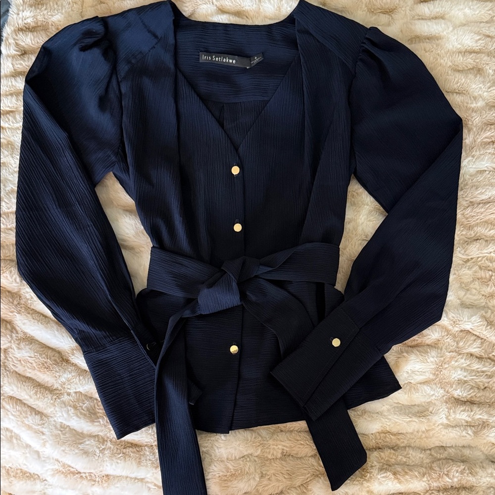 Iris Setlakwe Navy Textured Button-Front Top with Tie Waist